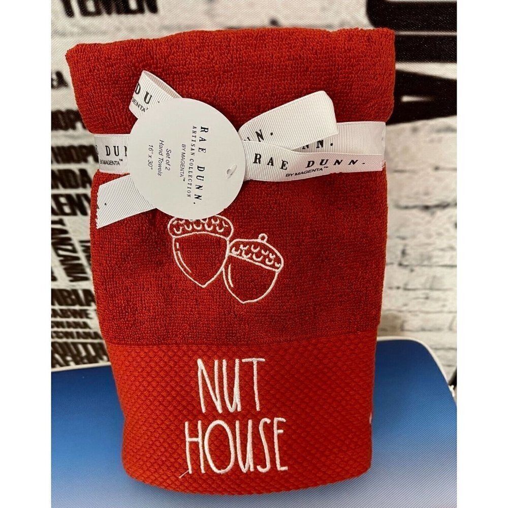 Rae Dunn 2 Pk Embroidered Burnt Orange Acorn Nut House Graphic Hand Towels